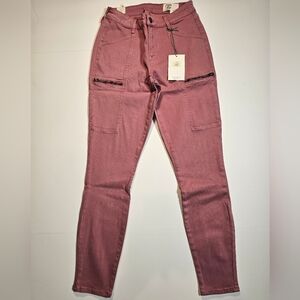 Cosmic Blue Love Cargo Pants Jeans Women Size 27 Plum Rose Comfort Stretch